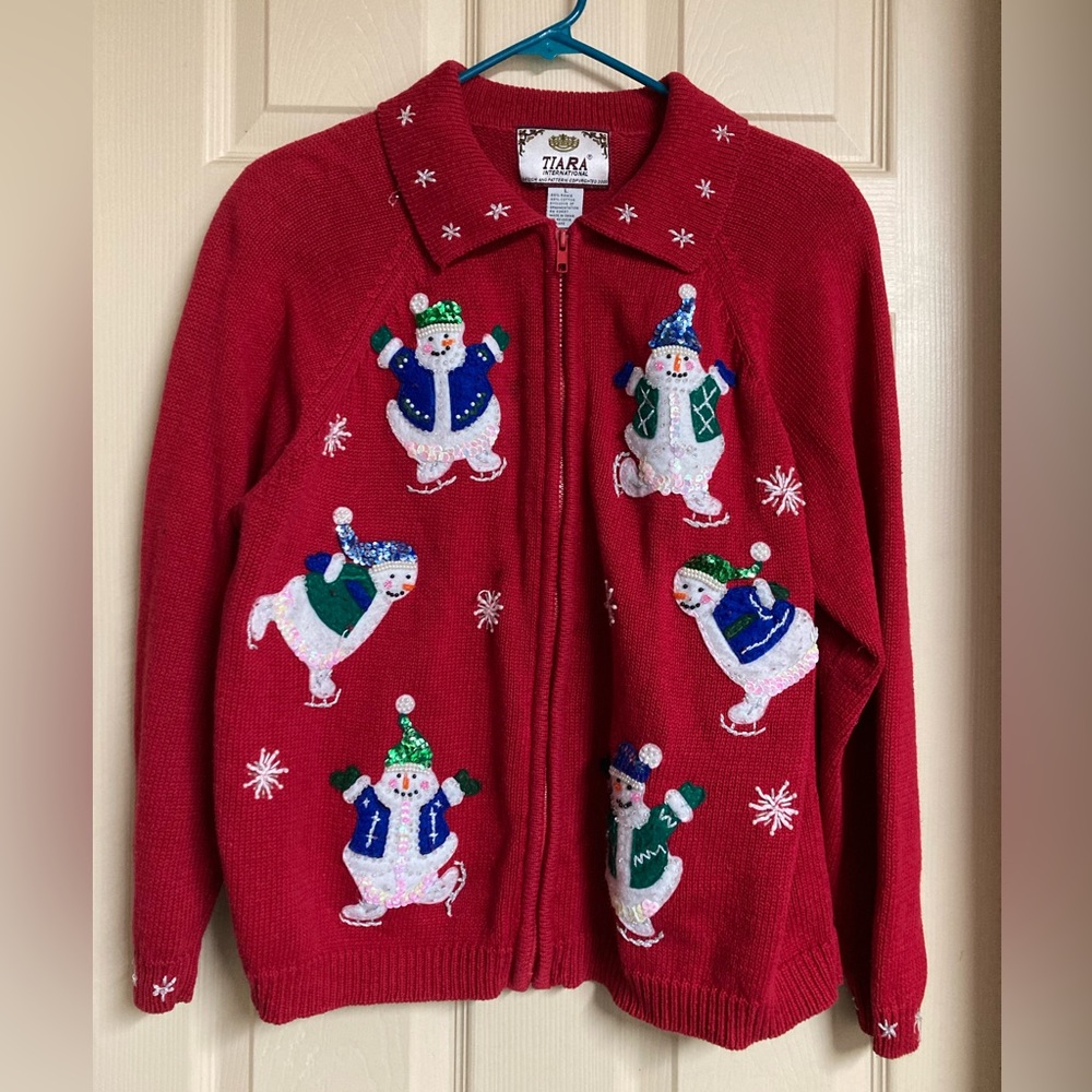 Vintage Tiara International Red Zip Up Christmas Sweater